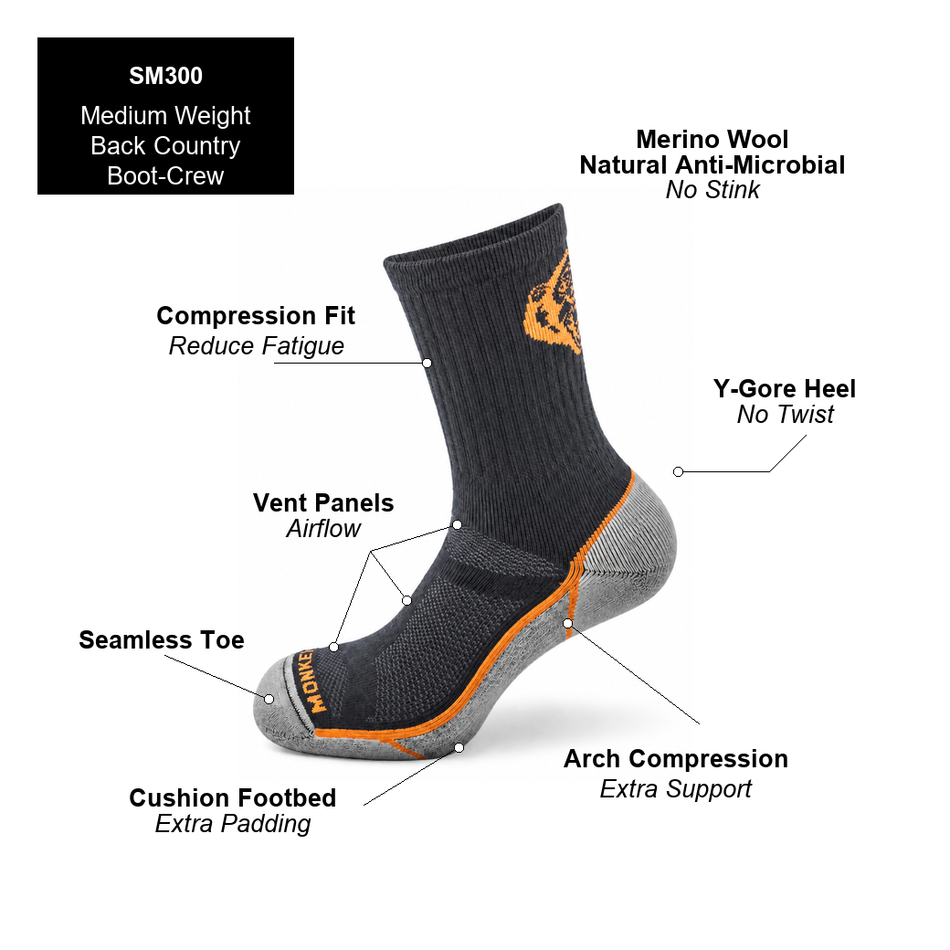 Fish Monkey Back Country Medium Weight Boot-Crew Merino Wool Socks